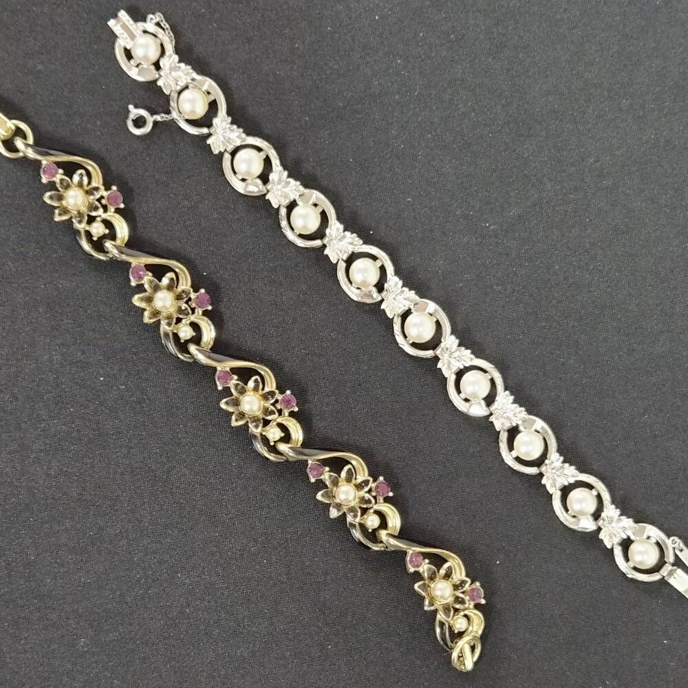 Set of two bracelets gold tone and silver tone flower and leaf motif EUC costume